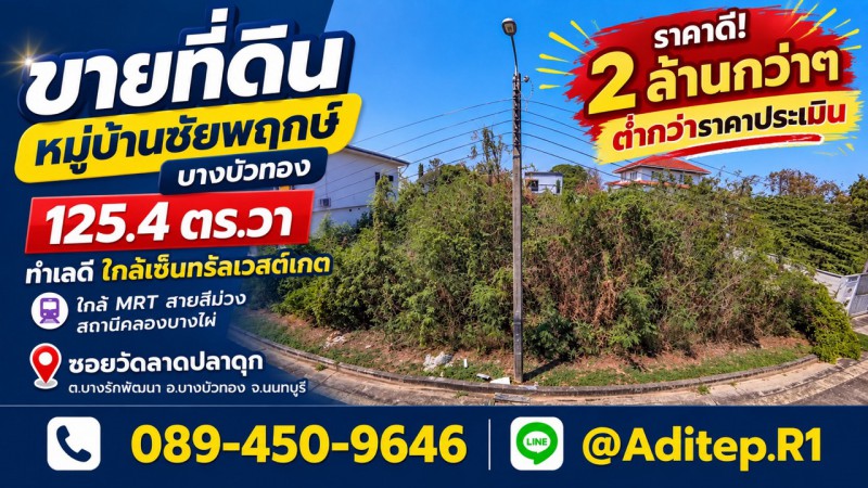 ขายต่ำกว่าราคาประเมิน ที่ดินปลูกบ้าน 125 ตร.วา หมู่บ้านชัยพฤกษ์ บางบัวทอง รปภ. 24 ชม. ในซอยวัดลาดปลาดุก ถนนกาญจนาภิเษก ใกล้ MRT สายสีม่วง